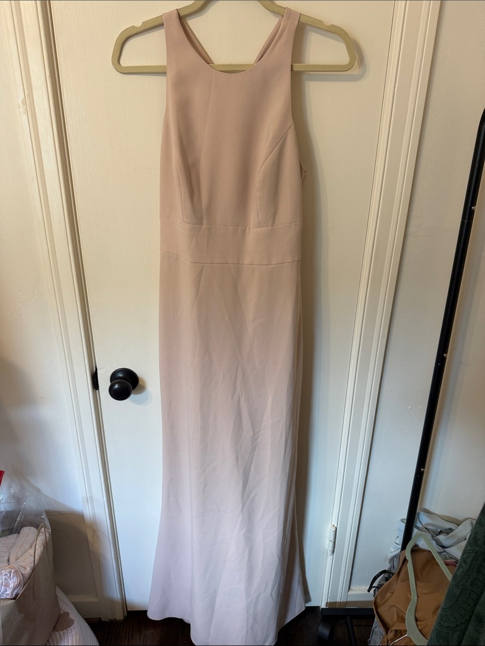 Dessy Group size 8 Sleeveless taupe, “cameo” Maxi Dress